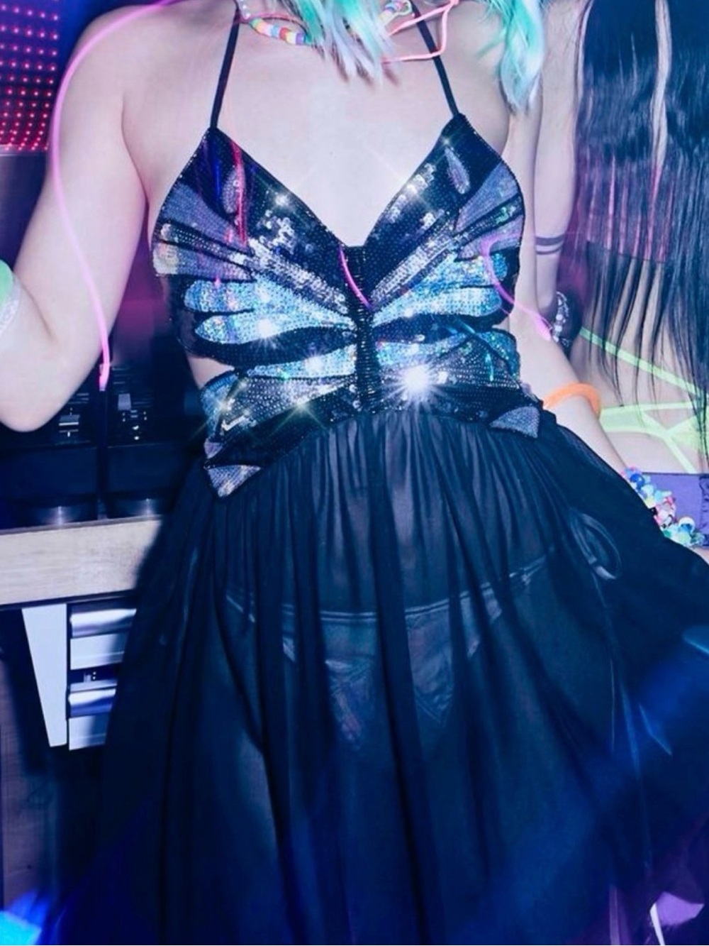 Sequin Butterfly Halter Mini Dress in Black